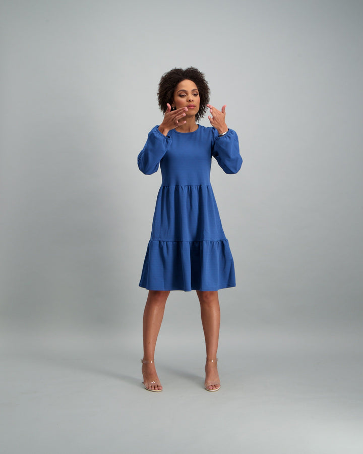 Ladies-Long Sleeve Tiered Dress - Denim