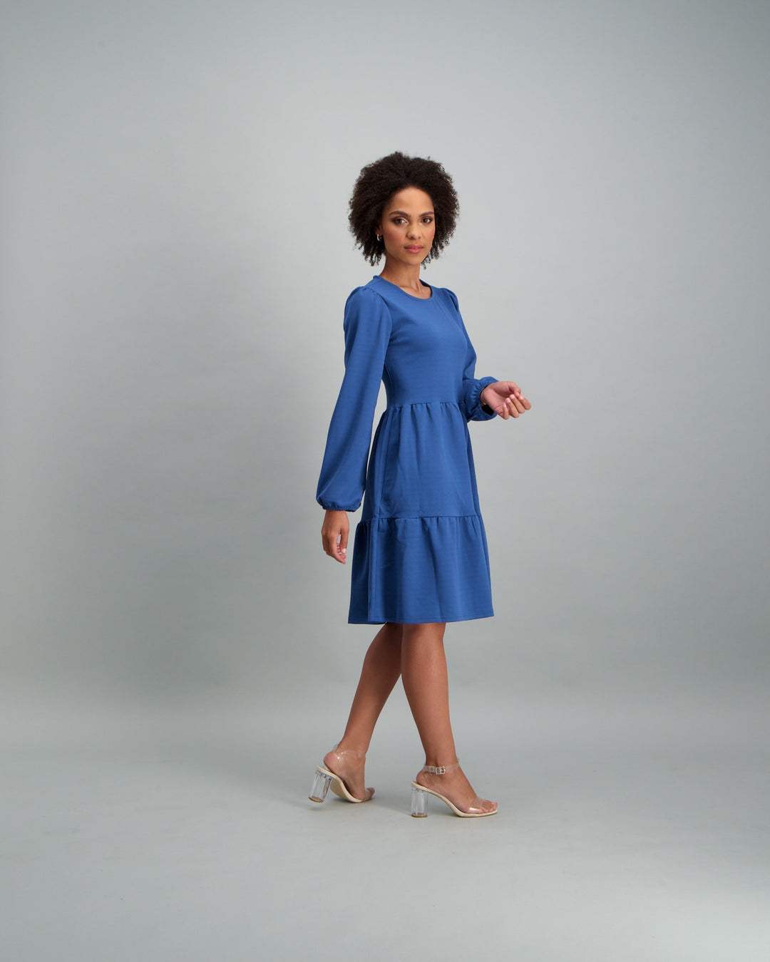 Ladies-Long Sleeve Tiered Dress - Denim