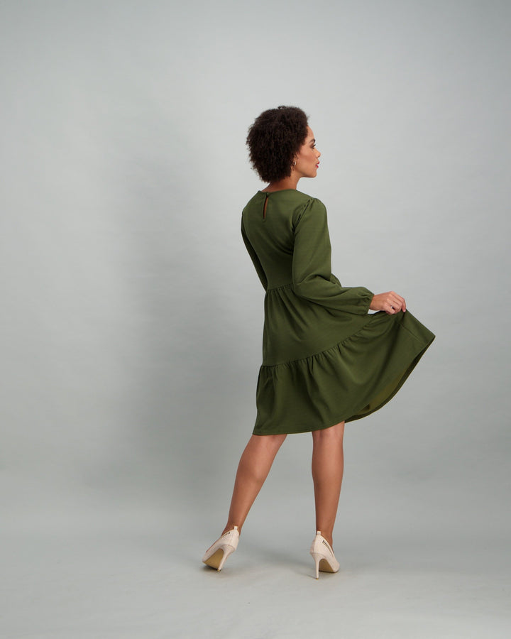 Ladies Long Sleeve Tiered Dress - Khaki