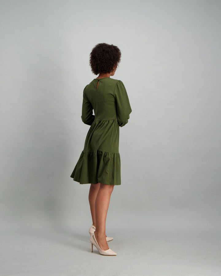 Ladies Long Sleeve Tiered Dress - Khaki