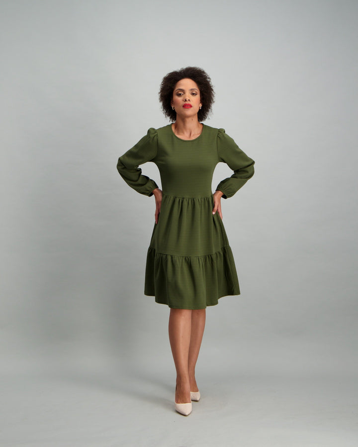 Ladies Long Sleeve Tiered Dress - Khaki