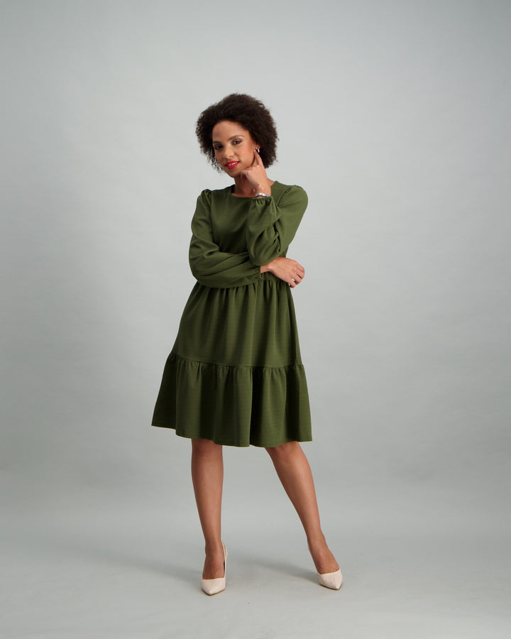 Ladies Long Sleeve Tiered Dress - Khaki