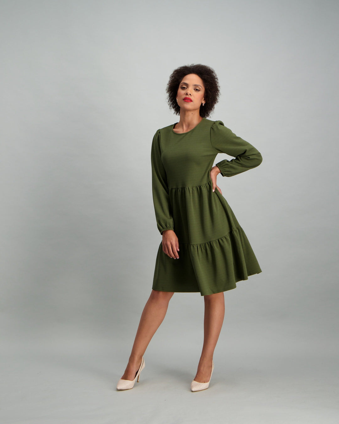 Ladies Long Sleeve Tiered Dress - Khaki