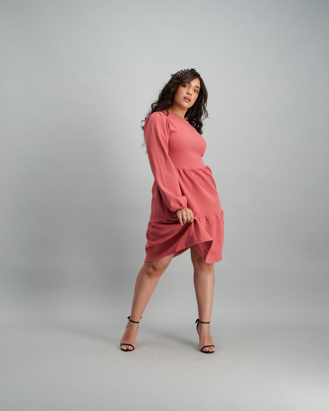 Ladies Long Sleeve Tiered Dress - Mauve