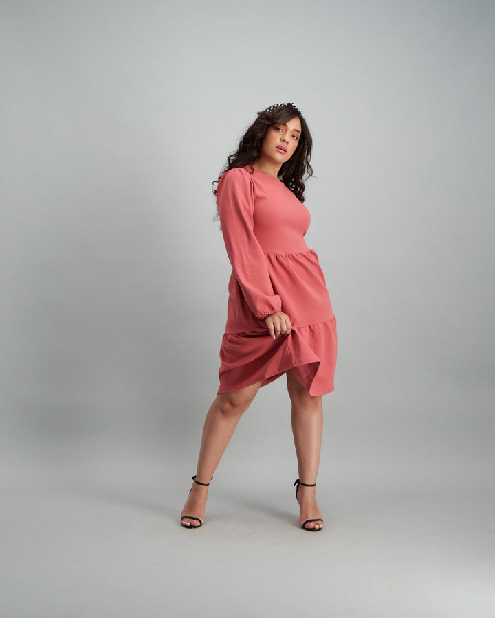 Ladies Long Sleeve Tiered Dress - Mauve