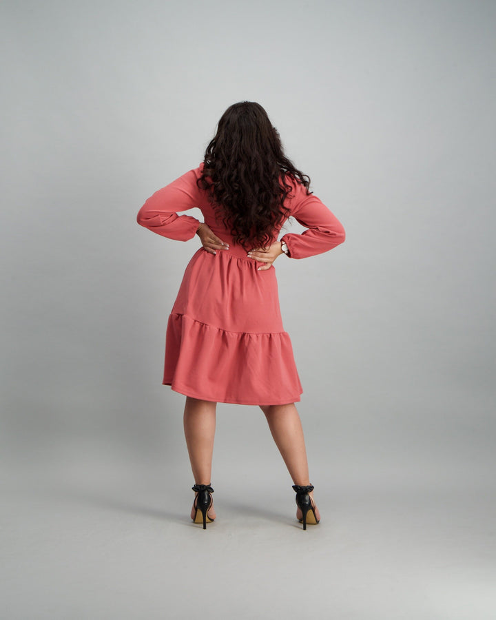 Ladies Long Sleeve Tiered Dress - Mauve