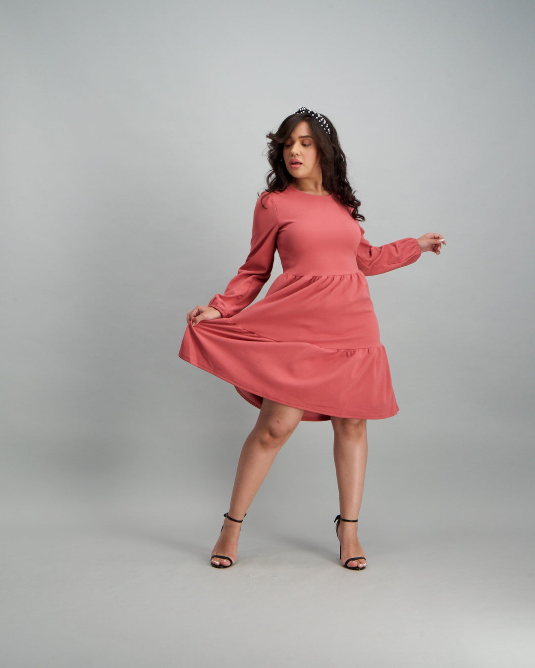 Ladies Long Sleeve Tiered Dress - Mauve