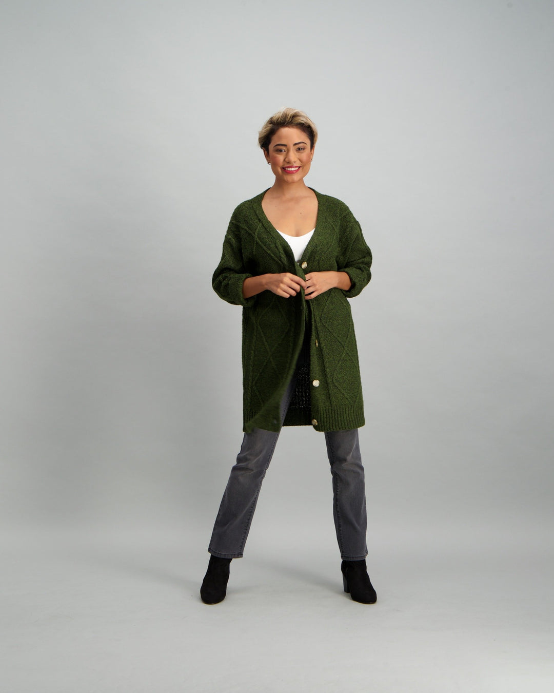 Ladies Long Cable Knit Cardigan - Khaki