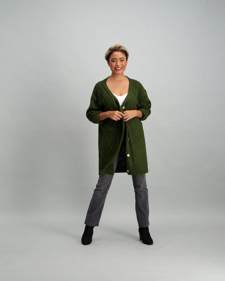 Ladies Long Cable Knit Cardigan - Khaki