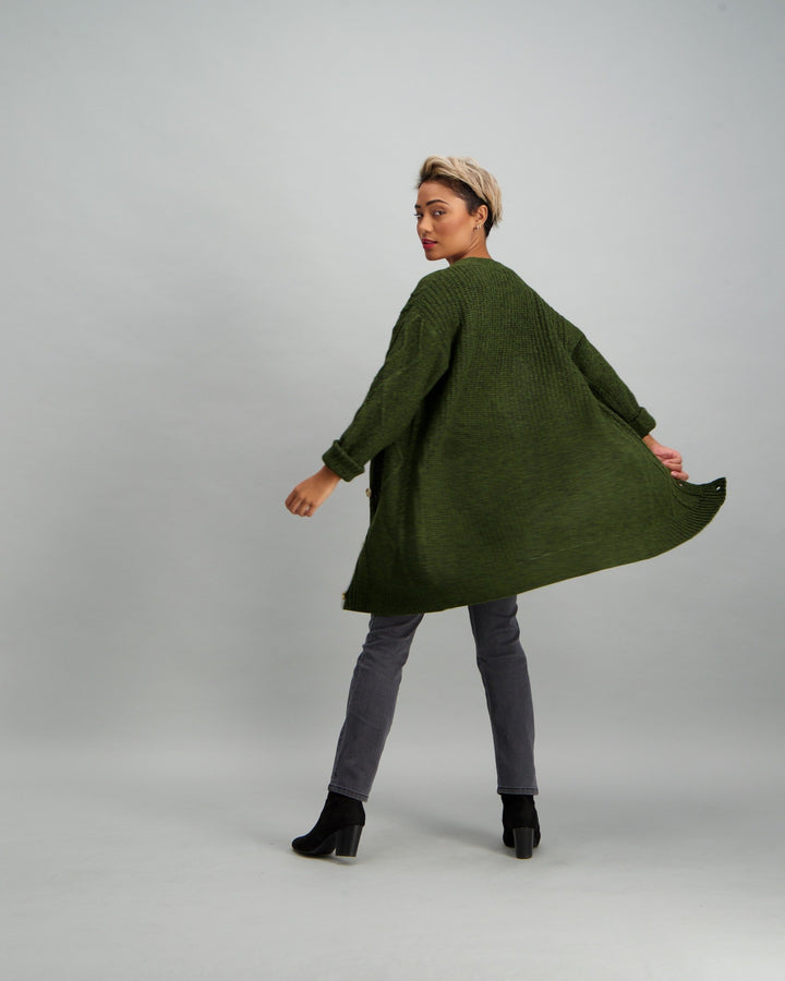 Ladies Long Cable Knit Cardigan - Khaki