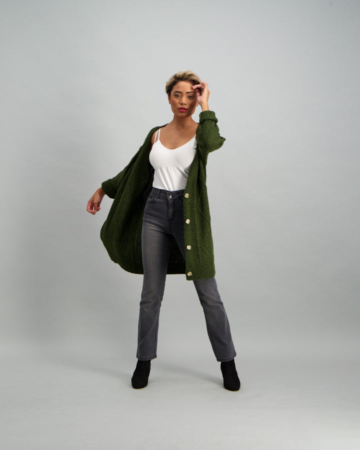 Ladies Long Cable Knit Cardigan - Khaki