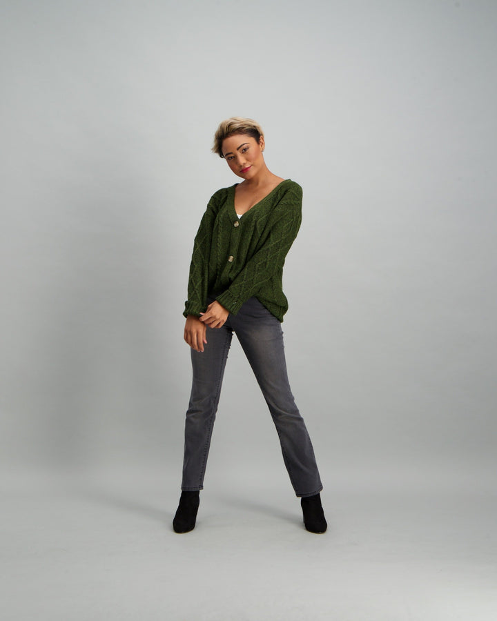 Ladies Long Cable Knit Cardigan - Khaki