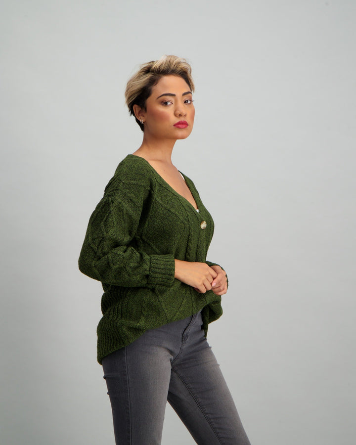 Ladies Long Cable Knit Cardigan - Khaki