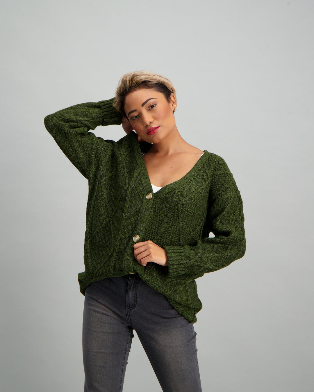Ladies Long Cable Knit Cardigan - Khaki