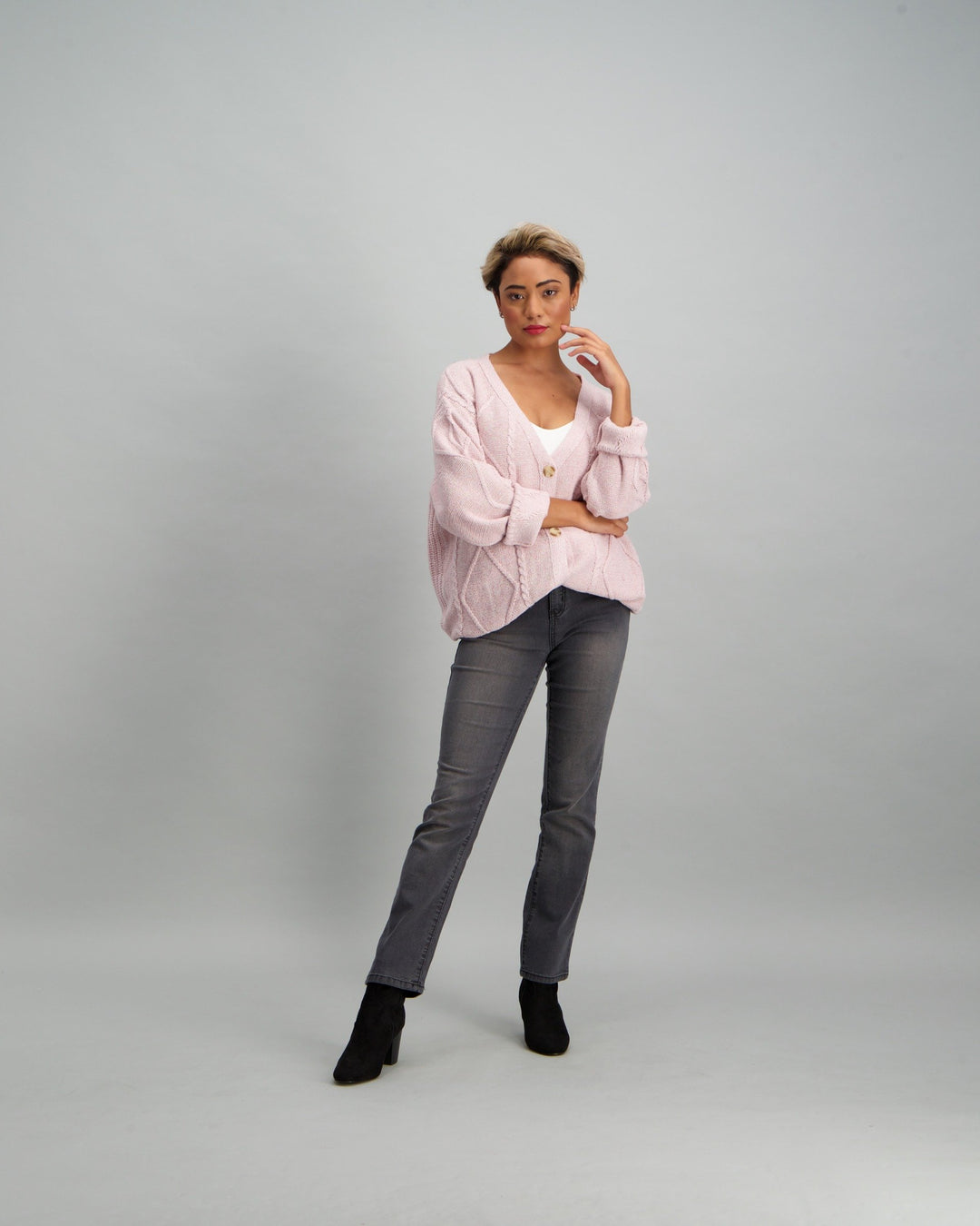 Ladies Long Cable Knit Cardigan - Pink