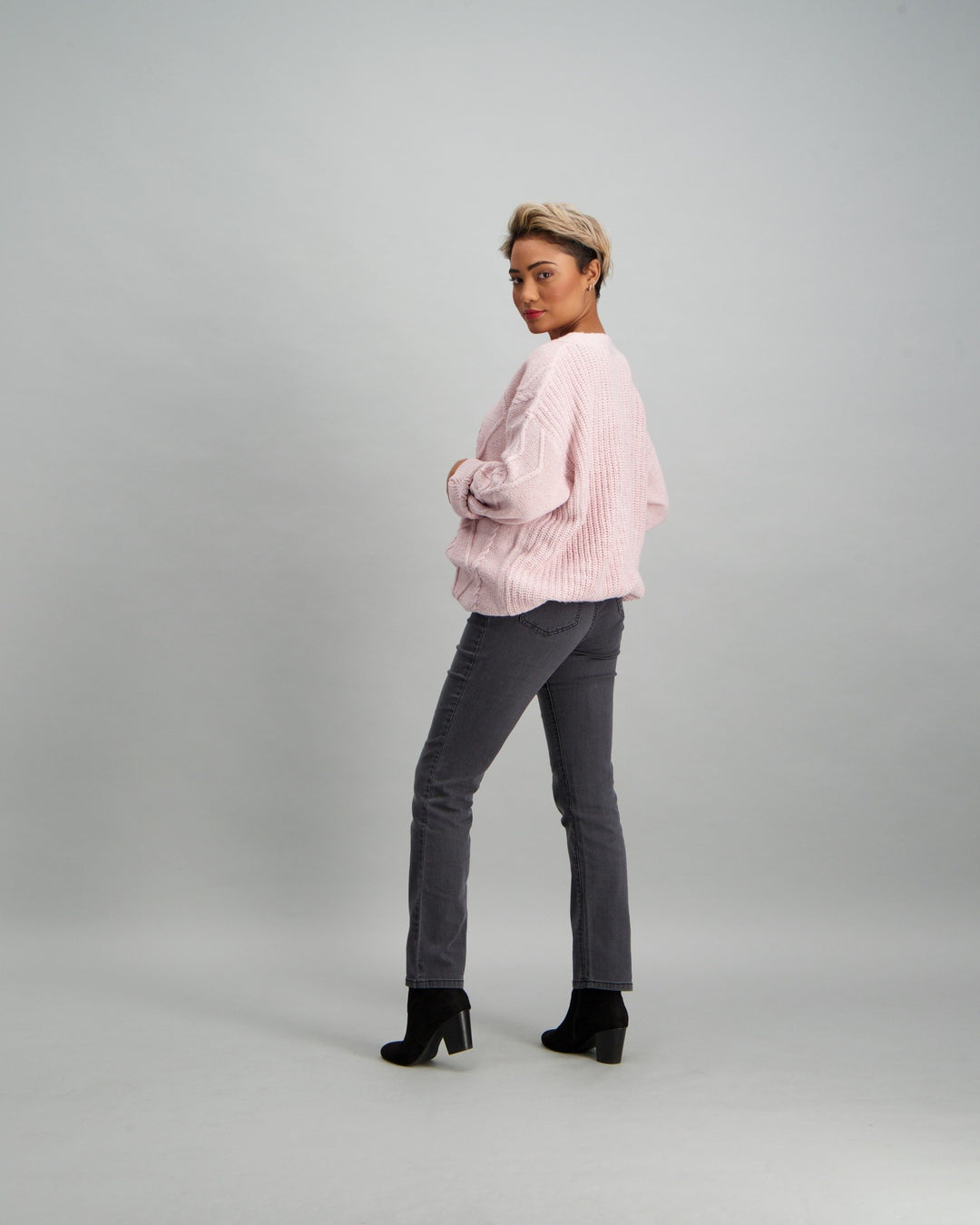 Ladies Long Cable Knit Cardigan - Pink