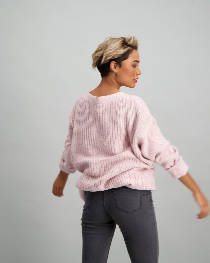 Ladies Long Cable Knit Cardigan - Pink