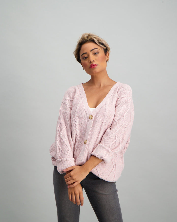Ladies Long Cable Knit Cardigan - Pink