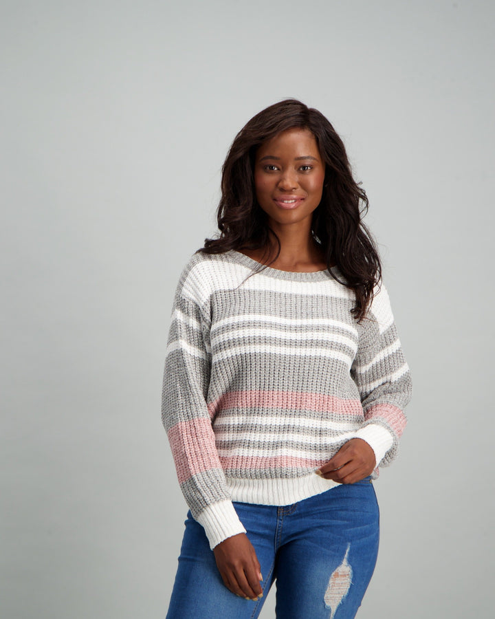 Ladies Variegated Stripe Chenille Pullover - Pink