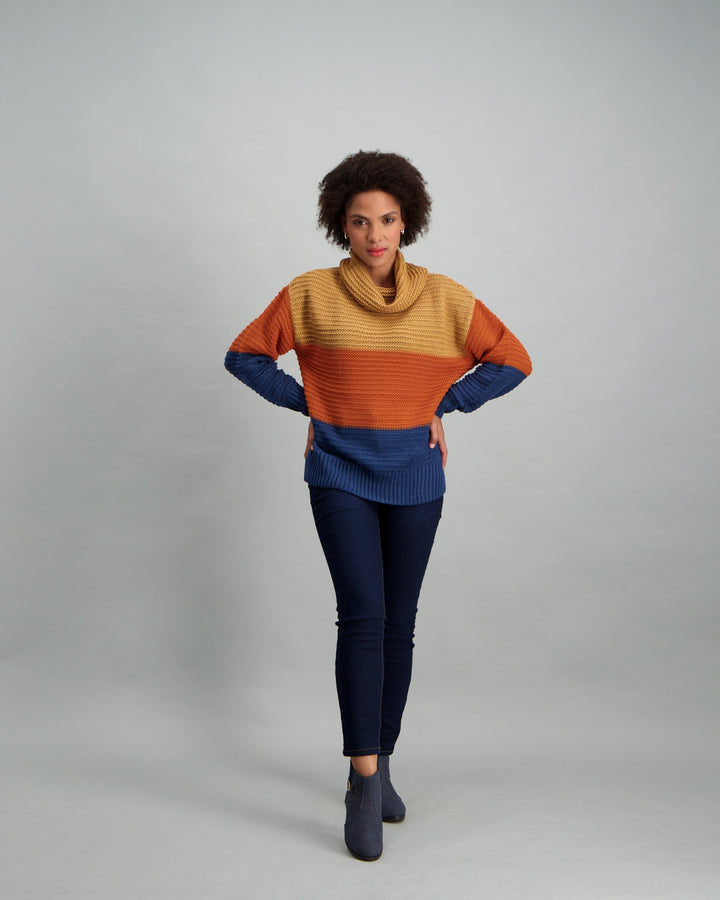 Ladies Stripe Polo-neck - Rust/Stone