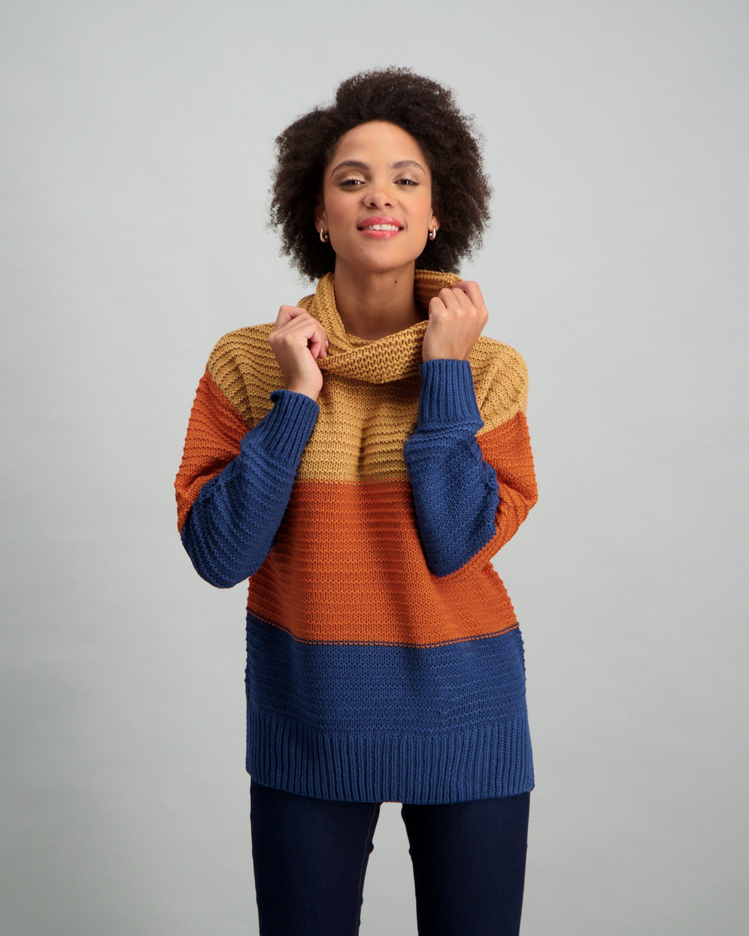 Ladies Stripe Polo-neck - Rust/Stone