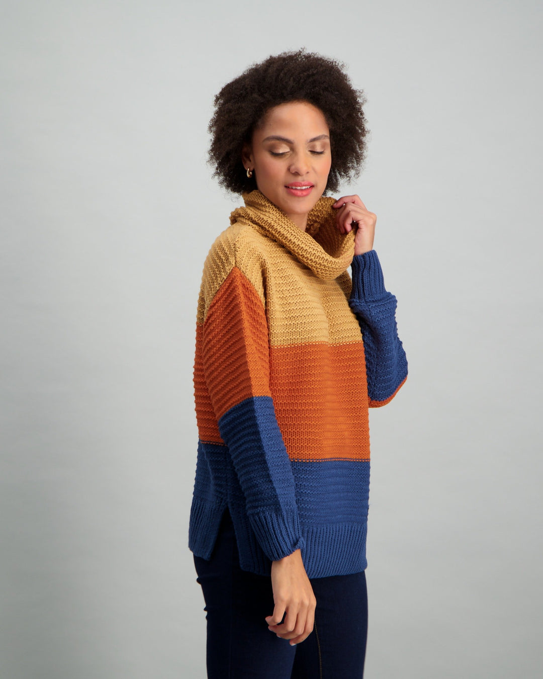 Ladies Stripe Polo-neck - Rust/Stone