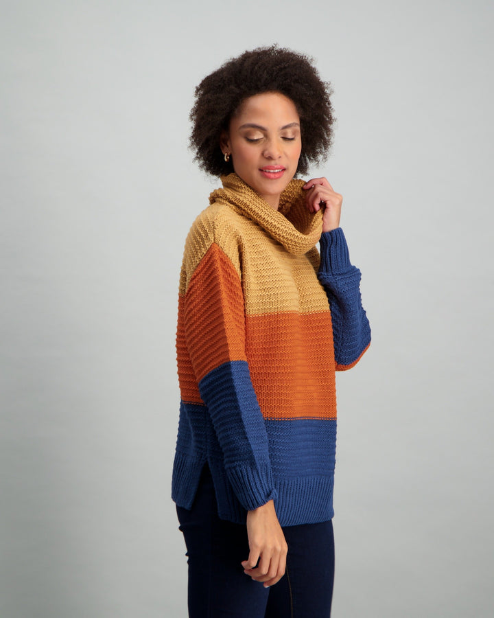 Ladies Stripe Polo-neck - Rust/Stone