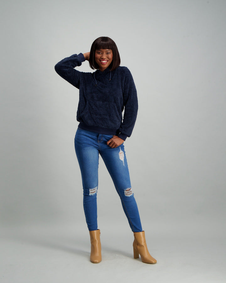 Ladies Teddy Hooded Fleece Top - Navy