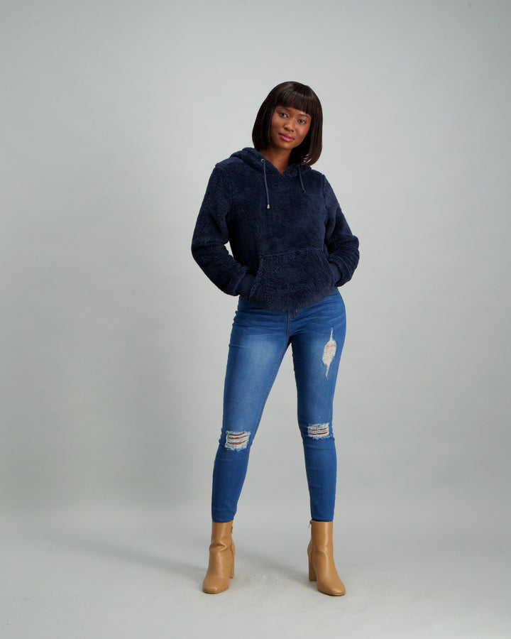 Ladies Teddy Hooded Fleece Top - Navy