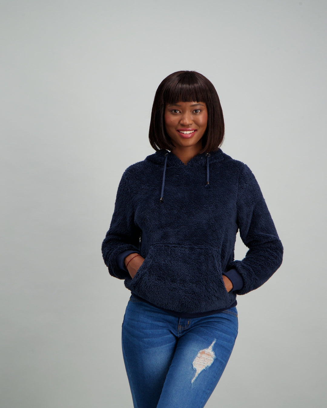 Ladies Teddy Hooded Fleece Top - Navy