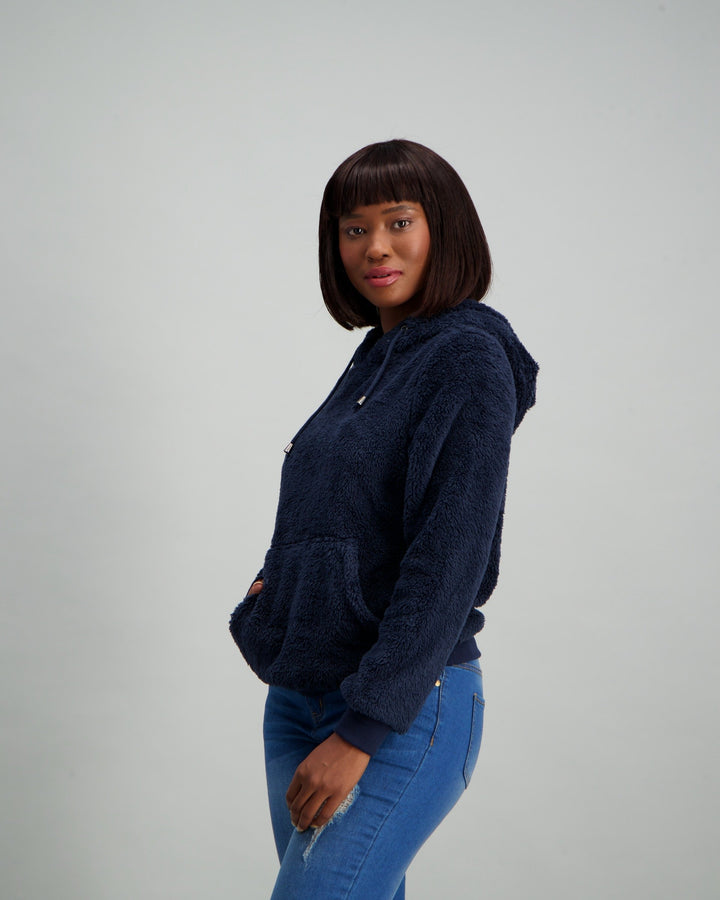 Ladies Teddy Hooded Fleece Top - Navy