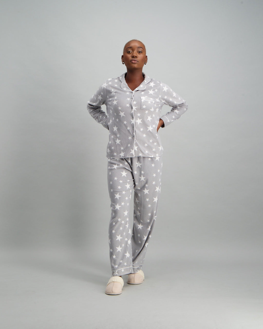 Ladies Butter Fleece Star Pyjama Set - Grey