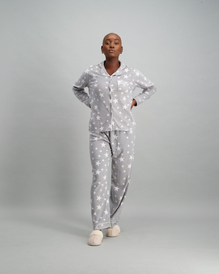 Ladies Butter Fleece Star Pyjama Set - Grey