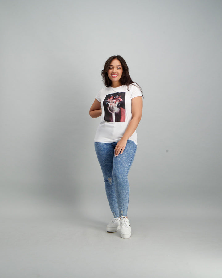 Ladies Flower Face Slogan T-Shirt White