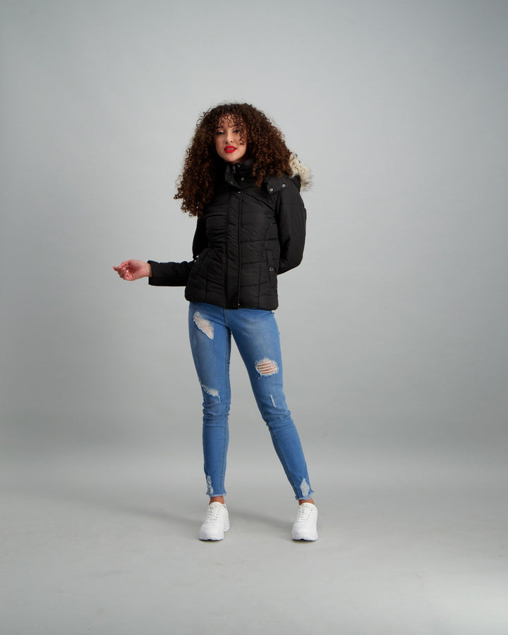 Ladies Fur Trim Puffer Jacket - Black