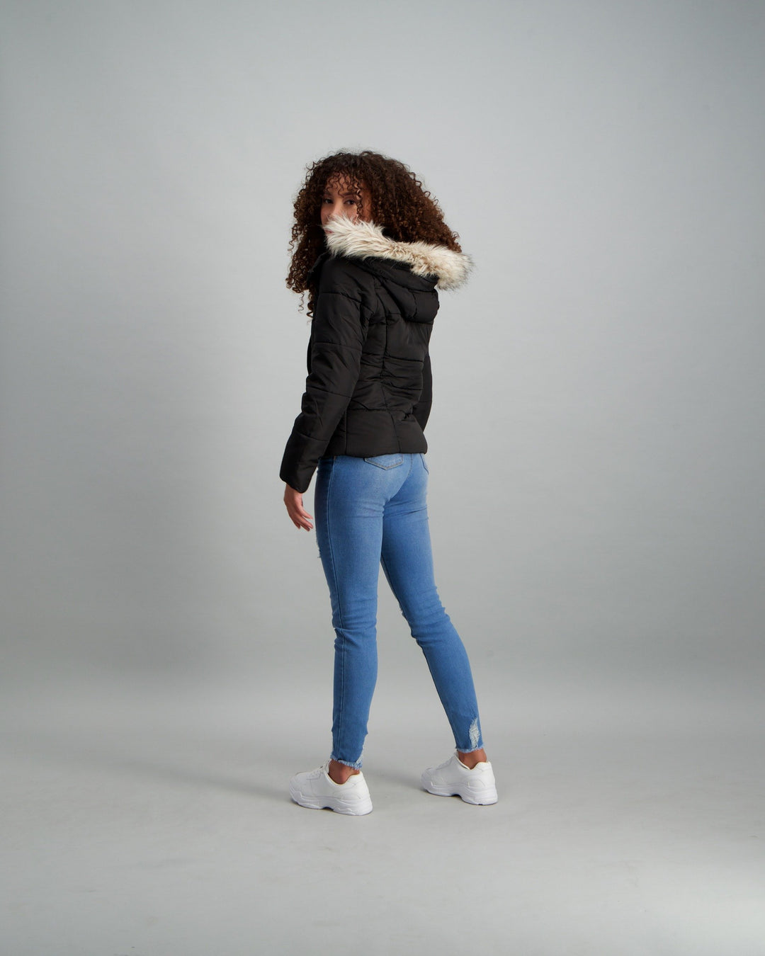 Ladies Fur Trim Puffer Jacket - Black