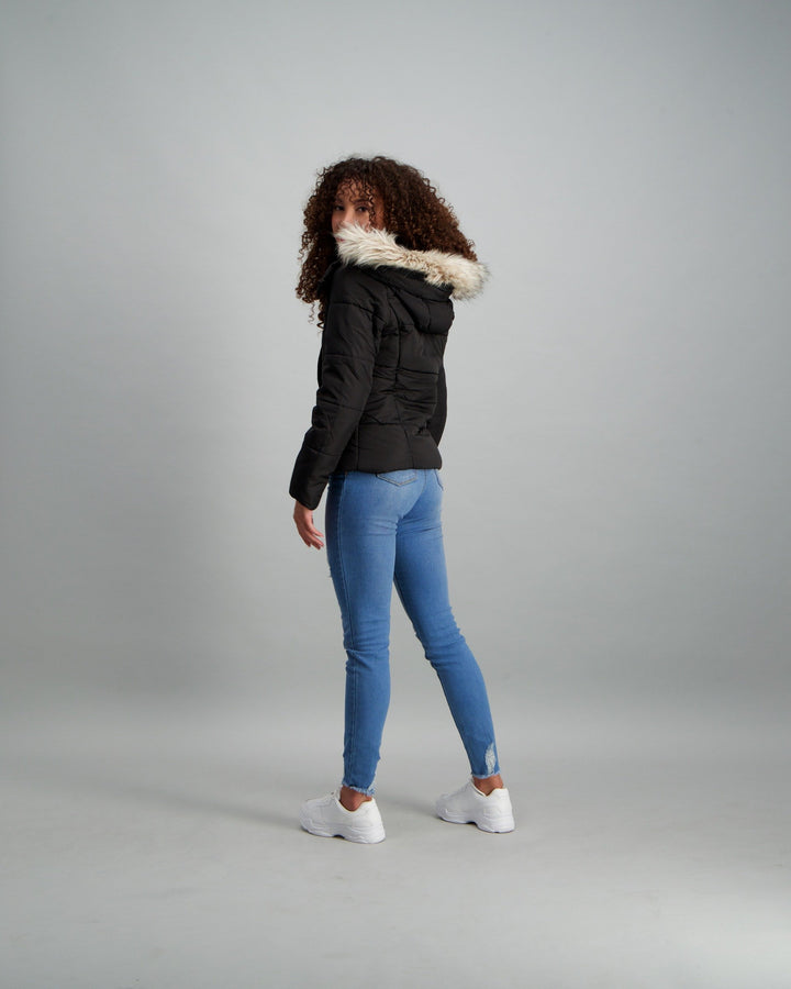 Ladies Fur Trim Puffer Jacket - Black