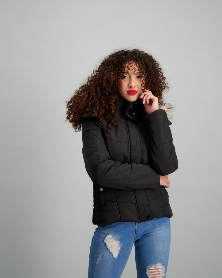 Ladies Fur Trim Puffer Jacket - Black