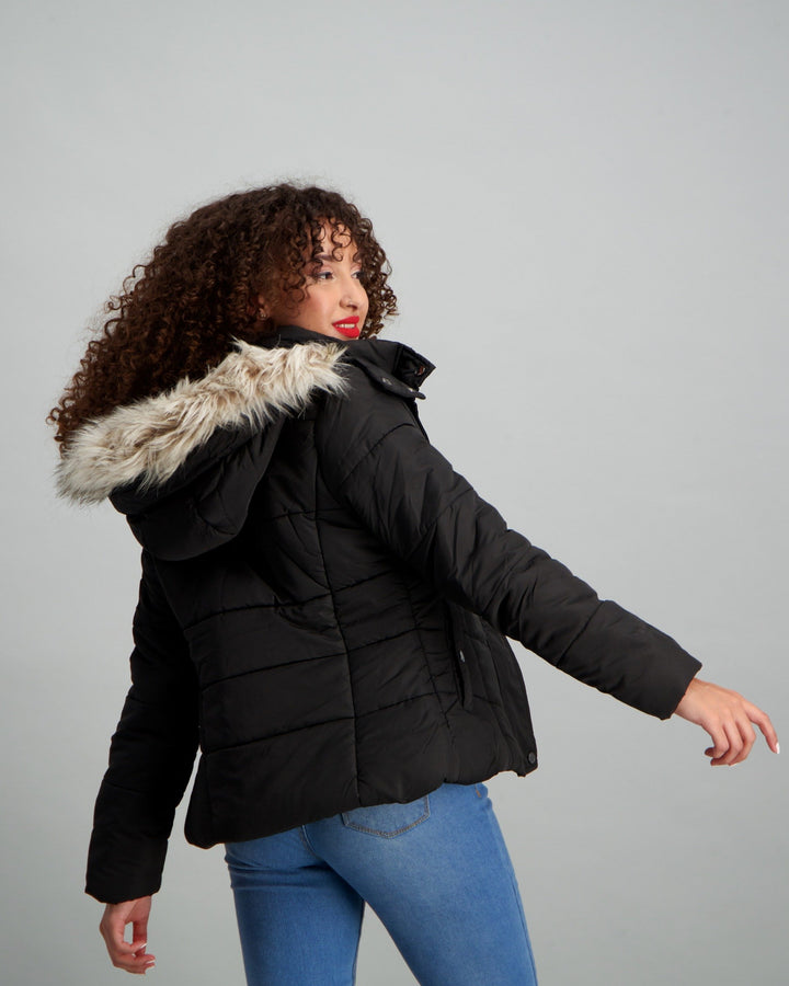 Ladies Fur Trim Puffer Jacket - Black