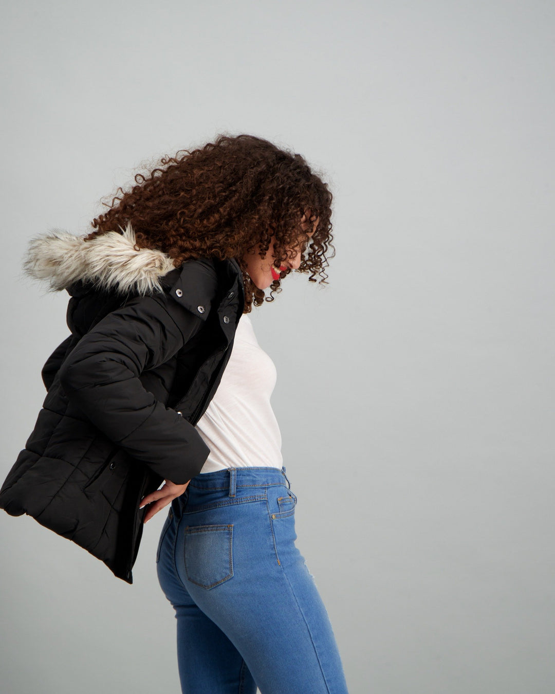 Ladies Fur Trim Puffer Jacket - Black