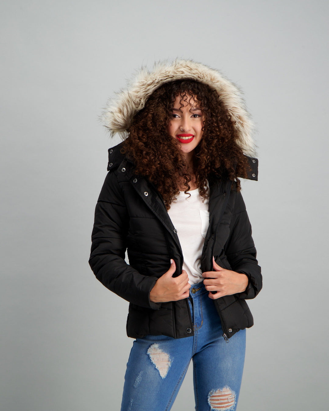 Ladies Fur Trim Puffer Jacket - Black