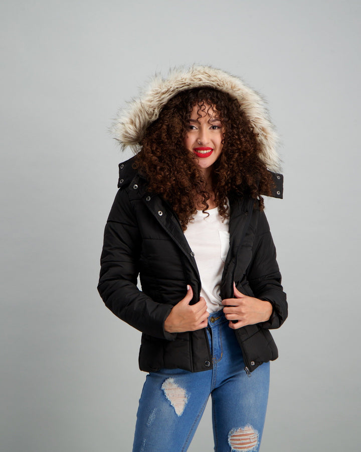 Ladies Fur Trim Puffer Jacket - Black