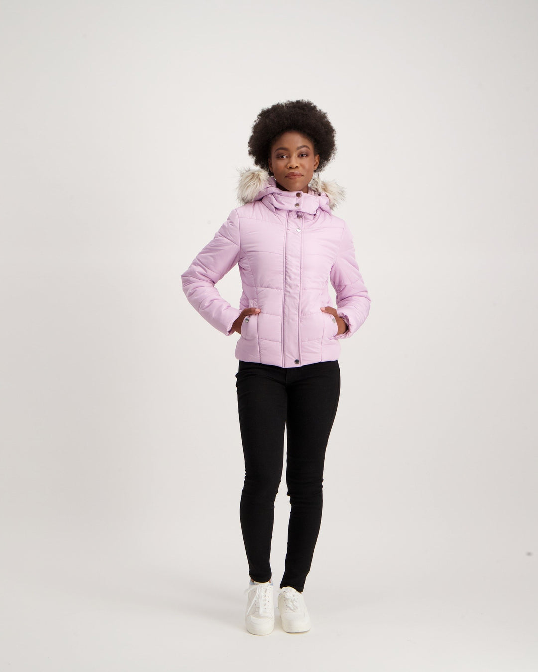 Ladies Fur Trim Puffer Jacket - Lilac