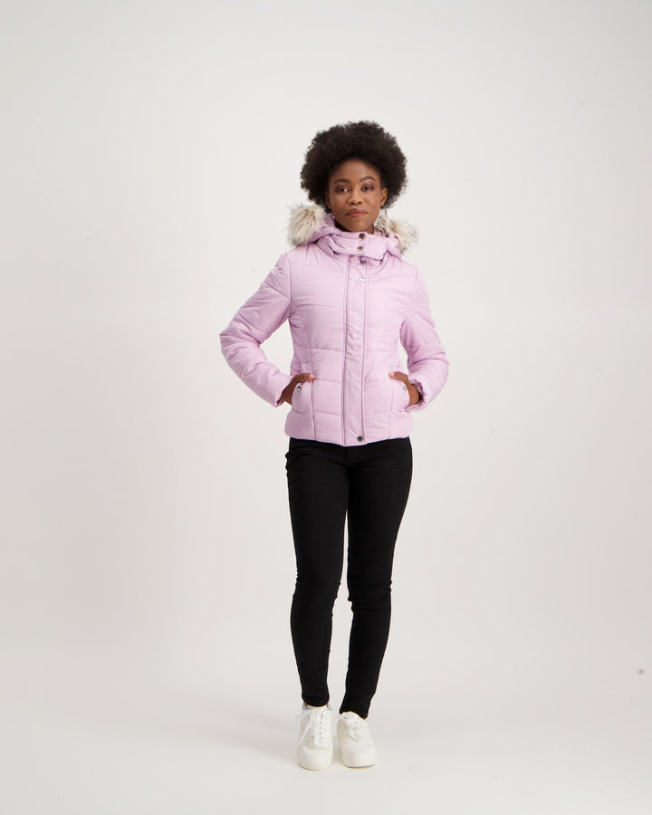 Ladies Fur Trim Puffer Jacket - Lilac
