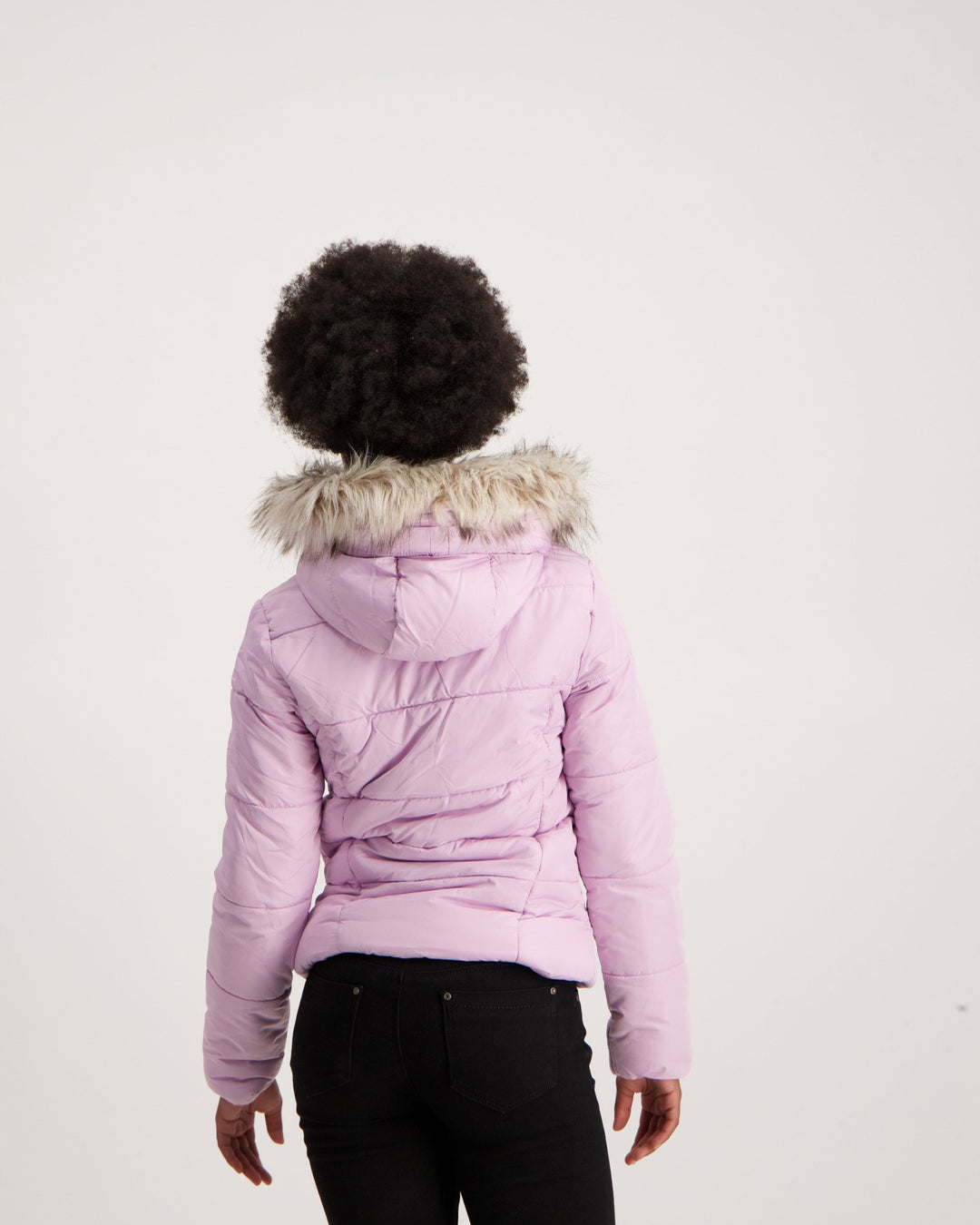 Ladies Fur Trim Puffer Jacket - Lilac