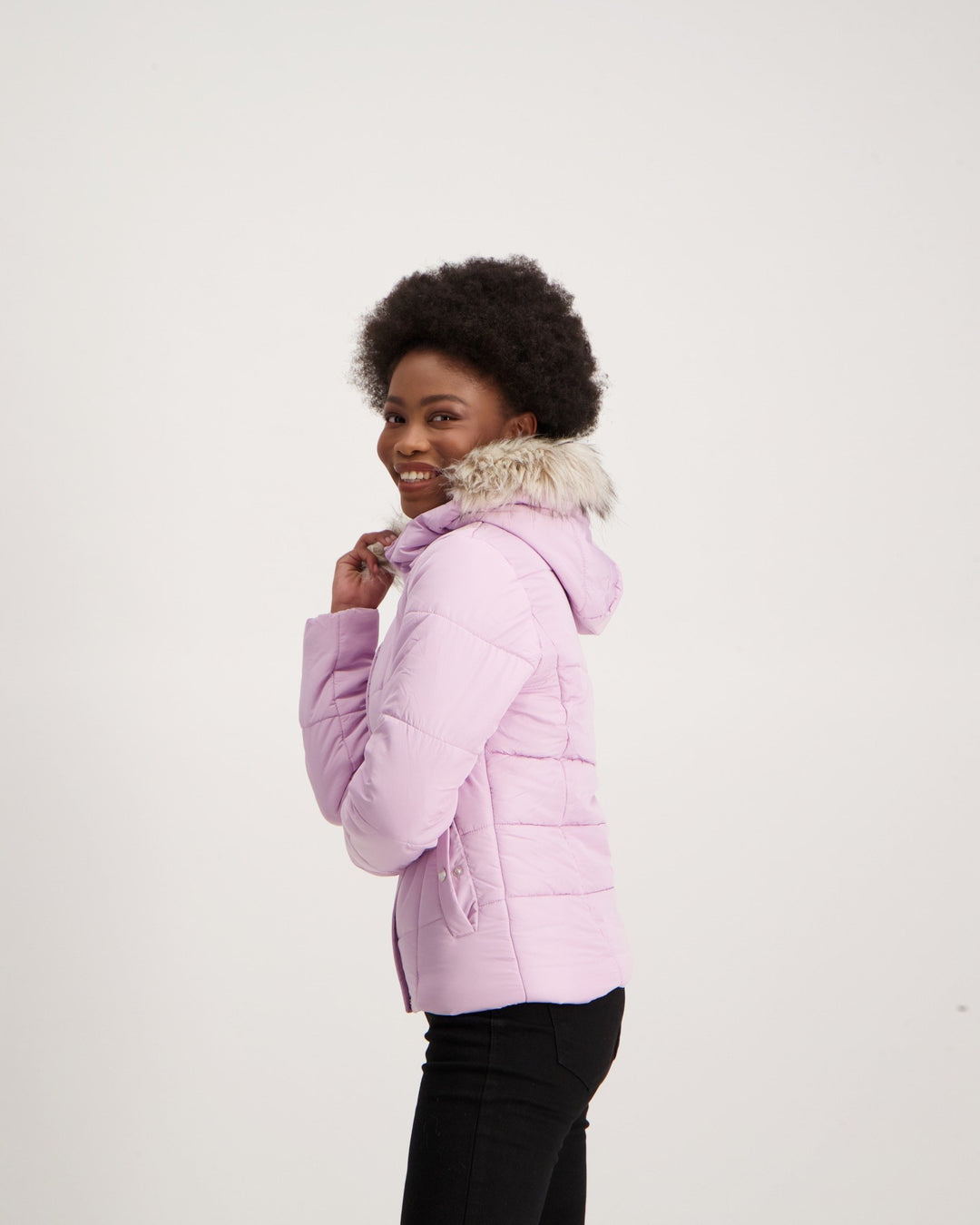 Ladies Fur Trim Puffer Jacket - Lilac