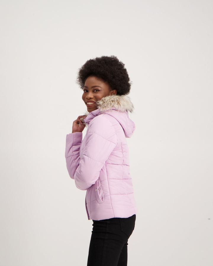 Ladies Fur Trim Puffer Jacket - Lilac