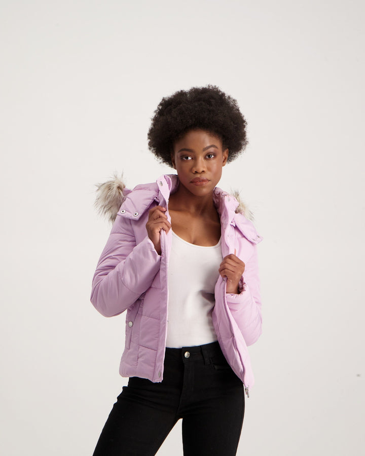 Ladies Fur Trim Puffer Jacket - Lilac