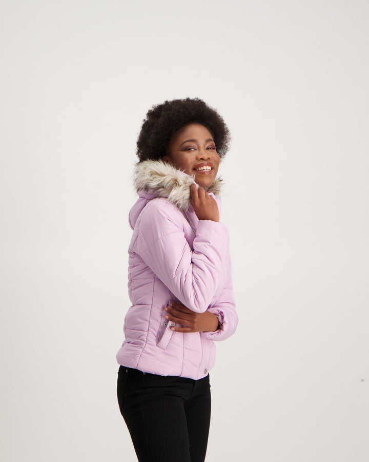 Ladies Fur Trim Puffer Jacket - Lilac
