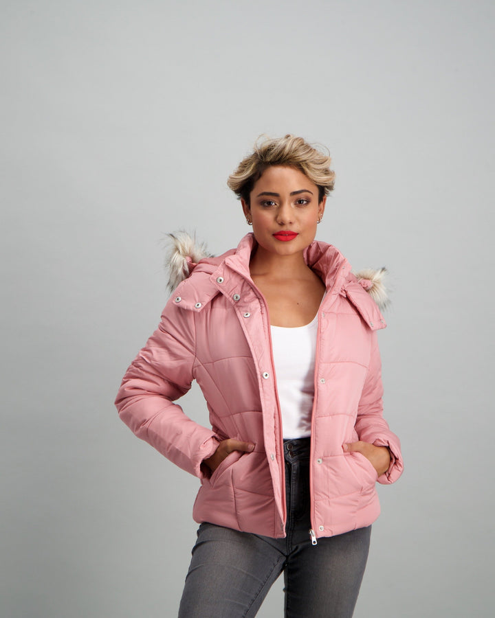Ladies Fur Trim Puffer Jacket - Blush